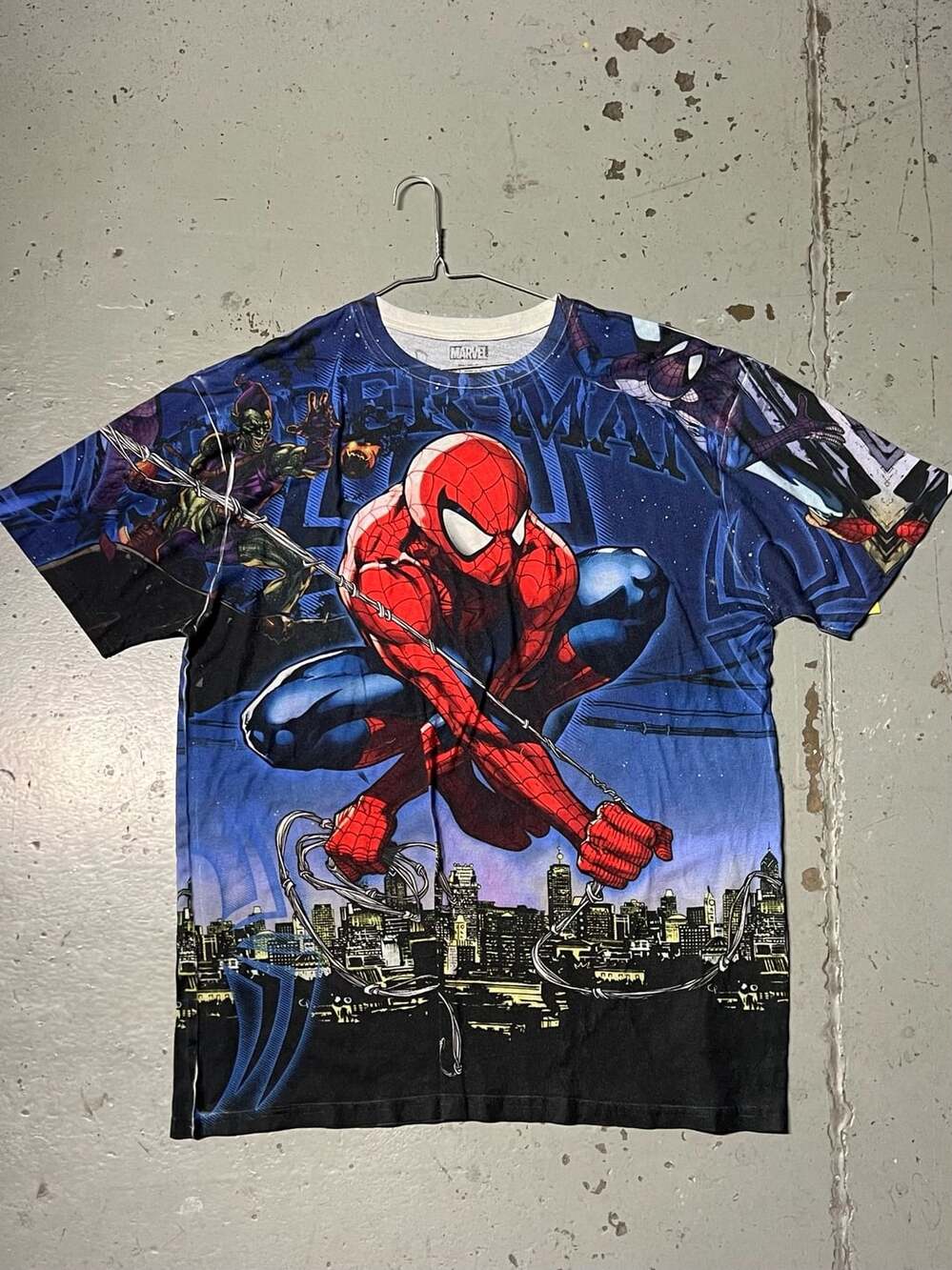 Marvel Spiderman Shirt Mens Size XL Blue Goblin All Over Print Aop